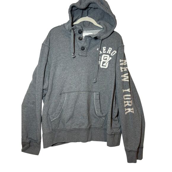 Y2k Grunge Hoodie Mens Large Grey Aeropostale NY 2XL Pocket Long Sleeve Buttons - Picture 1 of 10